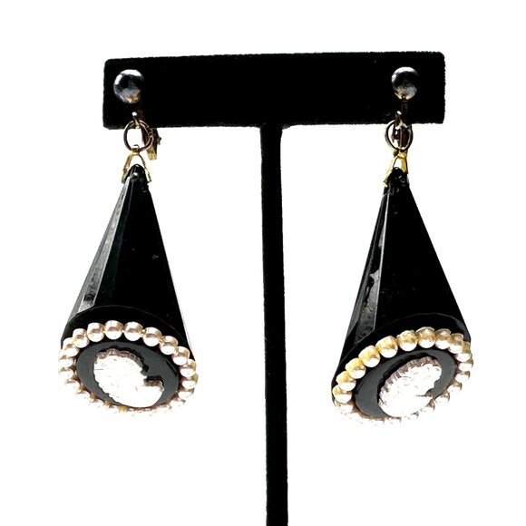 William de Lillo Black Cameo Cone Earrings—Space Age 1960s Faceted Acrylic Drops - Picture 13 of 15